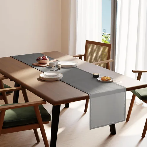 Vista 2 de Encasa XO Camino de mesa de comedor de 13 x 59 pulgadas, diseño de dobladillo de algodón puro, gris, lavable a máquina
