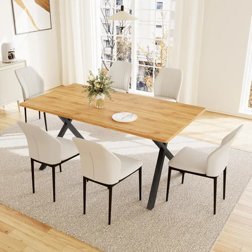 Vista 14 de HIPIHOM Mesa de comedor moderna de 63 pulgadas para 6 personas, mesa de cocina rectangular grande con patas en forma de X, muebles de comedor