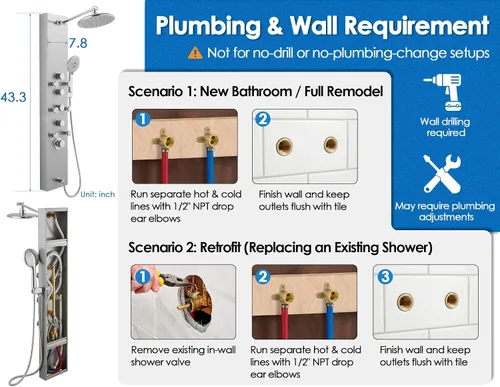 Vista 13 de Sistema de panel de ducha OUGOO - Utiliza 4 funciones simultáneamente: ducha de lluvia, chorros corporales, boquilla de mano y bañera, columna