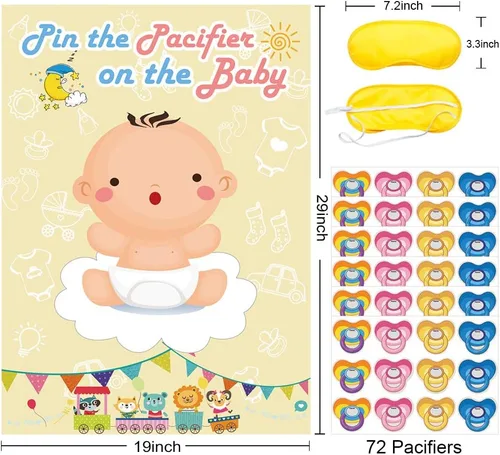 Vista 2 de Hxezoc Pin The Pacifier On The Baby Game - Póster grande para fiesta de baby shower, suministros de fiesta de cumpleaños para niños, 72 calcomanías