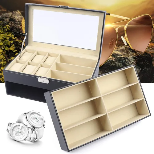 Vista 6 de Estuche organizador de joyas para relojes, de cuero negro para 6 relojes + 9 gafas con parte superior de cristal, regalo para hombres y mujeres