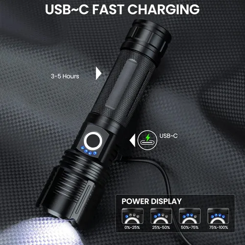 Vista 5 de BEFAMALI Paquete de 4 linternas recargables de alto lúmenes, luz de flash de 99000 lm, linternas LED brillantes ajustables con 5 modos y cable USB