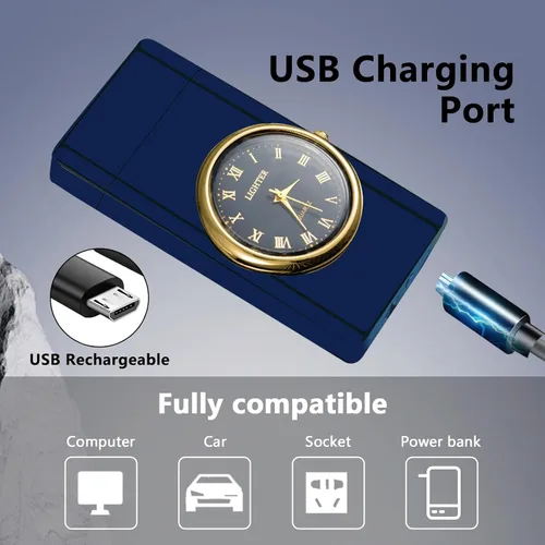 Vista 3 de Encendedor USB recargable a prueba de viento con llama de arco doble, luz LED, pantalla fresca, diseño duradero, ideal para camping, senderismo