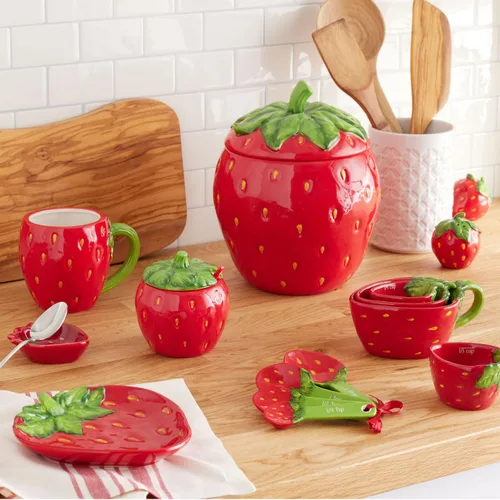 Vista 2 de Juego de saleros y pimenteros de fresa, pequeño y lindo juego de salero y pimentero de cerámica con diseño rojo y verde, decoración de cocina
