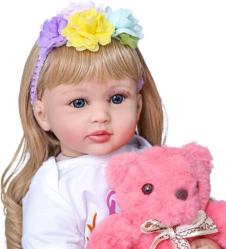 Vista 4 de Muñeca realista Reborn de silicona de 24 pulgadas, muñeca de bebé realista Reborn niña, cabello rubio rizado, ojos azules, cuerpo de tela suave