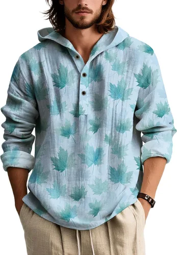 Vista 22 de Sudadera con capucha con estampado bohemio para hombre, de otoño, a la moda, con un cuarto de botón, manga larga, holgada, con capucha, de gran
