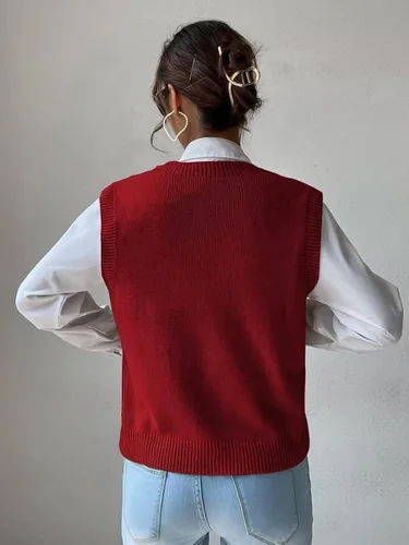 Vista 2 de Chaleco casual de punto trenzado con cuello en V para mujer, color liso, sin mangas, chaleco para mujer
