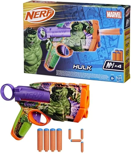 Vista 3 de Nerf Marvel Hulk Dart Blaster 4 dardos de espuma Nerf N1 Diseños de piel inspirados en Hulk Regalos para llenar calcetines navideños