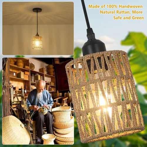 Vista 4 de LAMSU Lámparas colgantes de ratán de 1 luz, iluminación colgante bohemia de granja con pantalla tejida a mano de 4.7×5.9 pulgadas, pequeña lámpara
