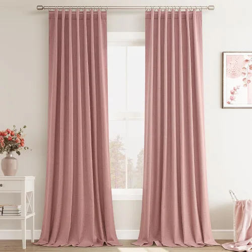 Vista 13 de Joywell - 2 cortinas de lino 100% opacas, con bolsillo para cortinero, trabilla trasera, cinta para ganchos y anillas con clip, con aislamiento