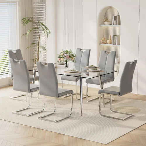 Vista 30 de Juego de mesa de comedor moderno de 51 pulgadas para 4 mesas rectangulares de cristal con 4 sillas tapizadas de cuero, asientos 4 ideales para Beige