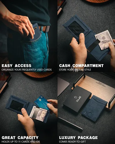 Vista 119 de Zitahli - Carteras delgadas con clip para dinero para hombre, tarjetero minimalista, de cuero, plegable, con bloqueo RFID, cartera de bolsillo