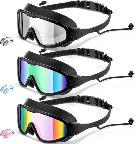 Vista 9 de Konohan Paquete de 3 gafas de natación para adultos, gafas anchas sin fugas, antiniebla, con clips para la nariz, tapones para los oídos