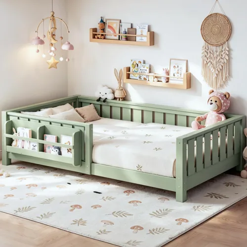Vista 14 de Marco de cama Montessori Twin con estantería y barandillas, color beige