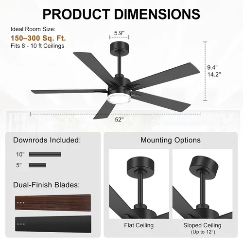 Vista 3 de 52 Inch Ceiling Fan with Lights and Remote, Modern Black Ceiling Fan, 6-Speed Reversible Motor, 3000K/4000K/6000K LED Light, Indoor Ceiling Fan for