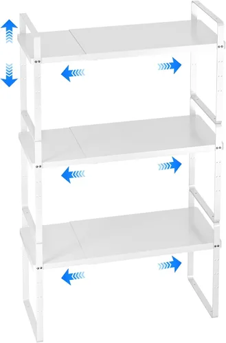 Vista 10 de Organizador de estante expandible para gabinete, almacenamiento apilable para mostrador de despensa de cocina, soporte ajustable para armario, Negro