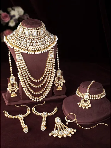 Vista 3 de Aheli Traditional Wedding Indian Bharatanatyam jewellery set Long Choker Necklace Earrings Maang Tikka Nath Paasa Hath Phool Gift for Women