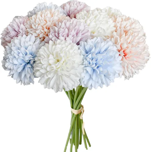 Vista 26 de Mandy's 6 tallos de seda beige Kiku flores de bola Tallos artificiales de crisantemo para decoración del hogar, verano, arreglo floral sintético
