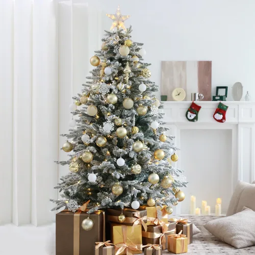 Vista 7 de HipTree Árbol de Navidad artificial de 1.8 m con nieve flocada y 200 luces LED de doble color, árbol de Navidad blanco iluminado para decoración