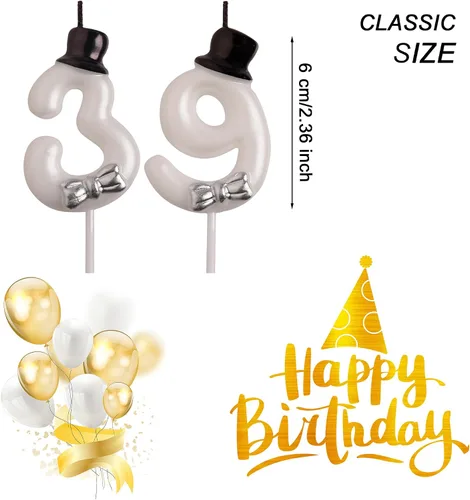 Vista 2 de Velas de cumpleaños número 39, color blanco 93 y 39 años de edad, velas de cumpleaños, decoraciones de fiesta de cumpleaños, regalos para hombres