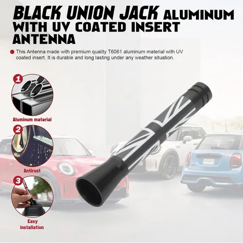 Vista 2 de x xotic tech Antena corta para automóvil con bandera de Union Jack compatible con Mini Cooper todos los modelos de 3 pulgadas (negro/gris)