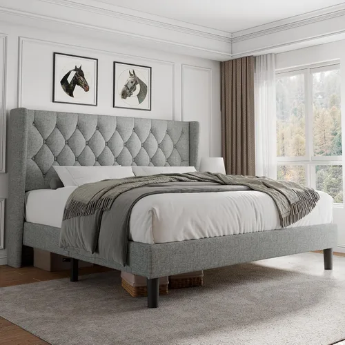 Vista 18 de iPormis - Base de cama tapizada de tamaño completo con cabecera capitonada con botones, base de cama tapizada con listones de madera sólidos, 20 cm