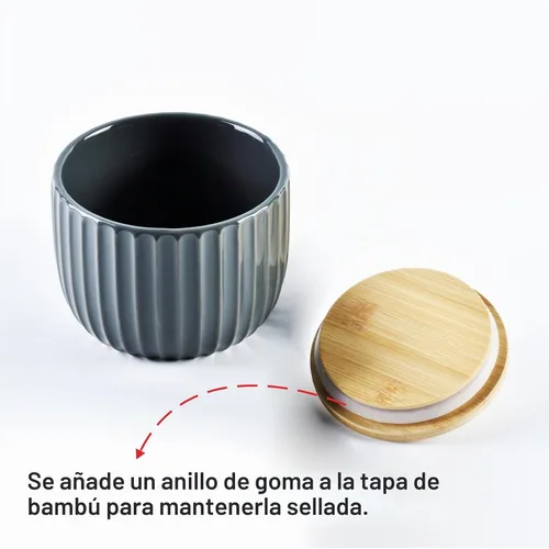Vista 5 de Recipiente de sal con tapa de bambú, cuencos de cerámica de gran capacidad de 14 onzas, caja de pimienta, recipiente de condimentos de esmalte Negro