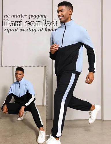 Vista 4 de Babioboa Chaqueta y pantalones de punto gofre para hombre, manga larga, con cremallera, contraste, entrenamiento, Varsity para correr, entrenamiento