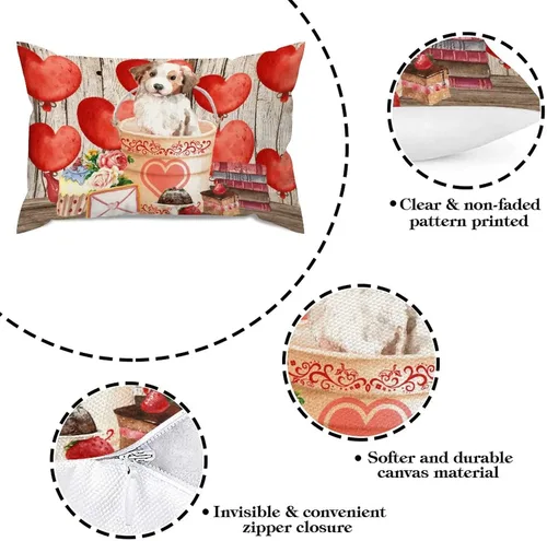 Vista 6 de Fundas de almohada lumbar con textura de madera rústica para perro en cubo, diseño de corazón rojo para el día de San Valentín, fundas de almohada