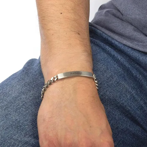 Vista 8 de LeCalla Pulsera personalizada con nombre de identificación personalizada grabada Pulsera de identificación de barra de eslabones para hombre