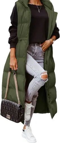 Vista 3 de Shanfetl Chaleco largo acolchado con capucha para mujer, sin mangas, chaleco acolchado, abrigo de invierno