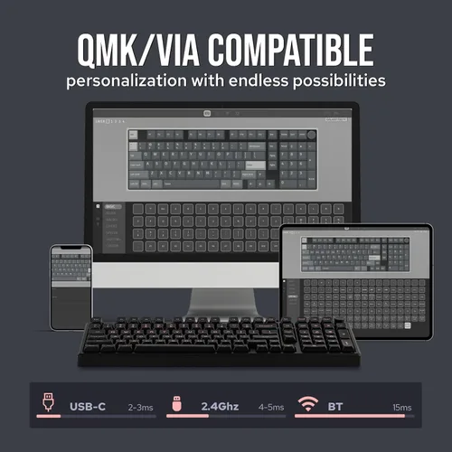 Vista 4 de EPOMAKER Galaxy100 QMK/VIA Wireless Gaming Keyboard, Aluminum Shell, BT/2.4Ghz/USB-C, Pre-Lubed Hot-Swappable Linear Switches, NKRO, RGB Backlit