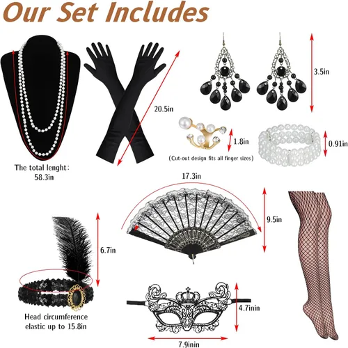 Vista 6 de Juego de 9 accesorios de flapper para mujer, accesorios de disfraces de los años 20, accesorios de los años 20