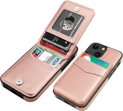 Vista 8 de KIHUWEY Funda compatible con iPhone 13 Mini con soporte para tarjeta de crédito, cierre magnético de cuero de alta calidad, resistente funda Negro