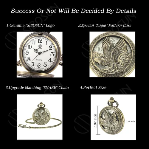 Vista 3 de SIBOSUN Eagle Design - Reloj de bolsillo con cadena, reloj de bolsillo antiguo, movimiento de cuarzo, reloj Qocket para hombre, esfera de números