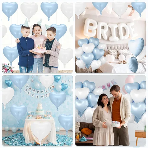Vista 6 de Globos de corazón azul bebé, 10 piezas de globos en forma de corazón azul claro y blanco pastel, globos de papel de aluminio blanco arena crema