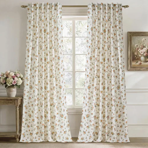 Vista 7 de StangH Cortinas de lino floral con patrón de rosas, cortinas de estilo vintage de granja con pestaña trasera para dormitorio y sala de estar, rosa