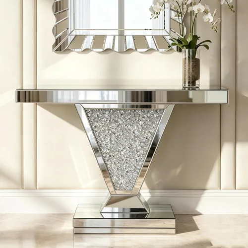Vista 32 de SSLine Mesa de consola negra con espejo para sala de estar, mesa de entrada moderna de espejo de 43 pulgadas con base de cristal en forma de O