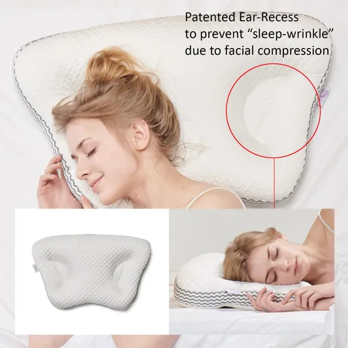 Vista 2 de Almohada - Dispositivo facial de prevención de arrugas del sueño, diseño patentado para huecos de oído, diseñado para personas que duermen de lado
