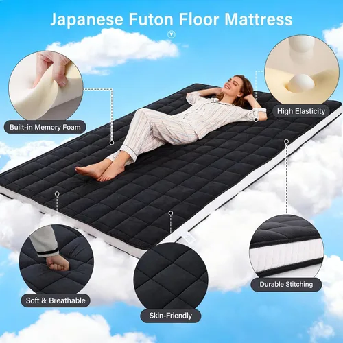 Vista 3 de Welnow Colchón de futón japonés, tamaño matrimonial, tapete grueso de tatami, portátil y plegable, colchón enrollable con bolsa de almacenamiento