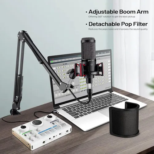 Vista 6 de Micrófono de condensador XLR, micrófono profesional de grabación de estudio para computadora PC, kit de micrófono cardioide para podcast con brazo