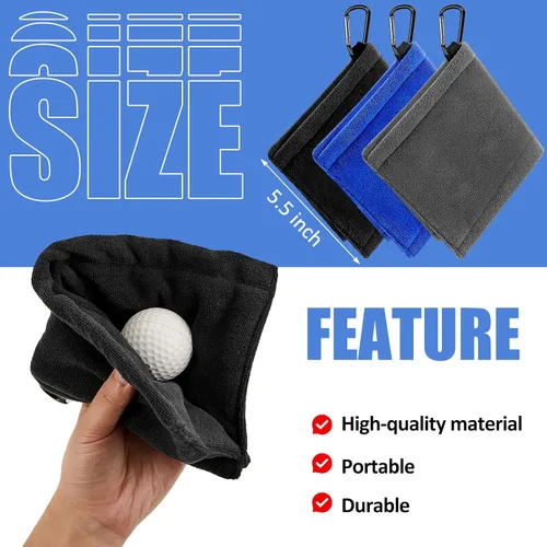 Vista 2 de Flutesan Toalla de pelota de golf de 3 piezas de 5.5 x 5.5 pulgadas, toalla de bolsillo pequeña húmeda y seca con clip en D, accesorios portátiles
