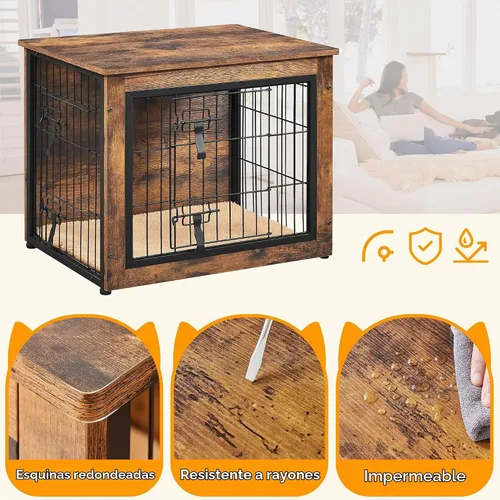 Vista 6 de Yaheetech 32" Mesa auxiliar de jaula para perros con cojín, jaula de madera para perros con puertas dobles/pies ajustables, mesa auxiliar lateral