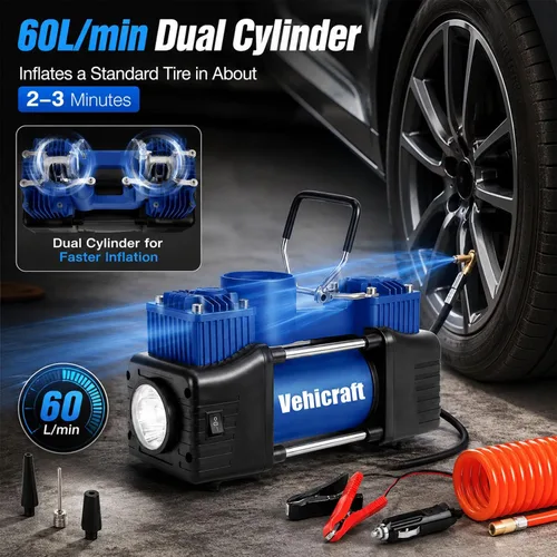 Vista 2 de Inflador de neumáticos de 12 V, bomba de aire de doble cilindro de 150 PSI para automóvil, SUV, RV Azul
