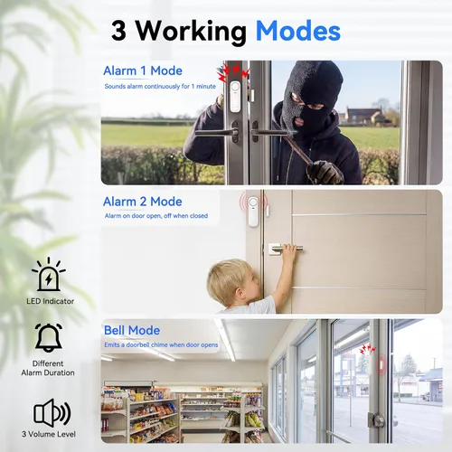 Vista 3 de TECKNET Alarmas de puerta cuando se abre, alarma con sensor de puerta inteligente WiFi de 2.4 G y timbre, alertas de aplicación, alarmas de puerta