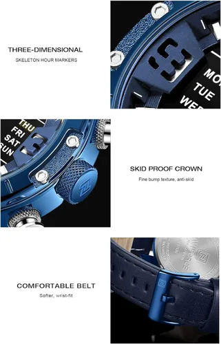 Vista 8 de NAVIFORCE Reloj deportivo digital para hombre de cuero cuarzo impermeable militar cronógrafo despertador relojes de pulsera