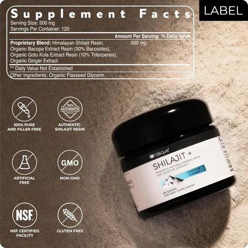Vista 6 de Blisque - Suplemento de resina Shilajit orgánica pura del Himalaya para apoyo cognitivo con bacopa orgánica y gotu kola Auténtico y natural