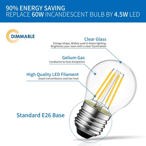 Vista 11 de ANWIO Bombilla LED redonda E26 G14 regulable, 4.5 W Eqv 60 W, paquete de 6