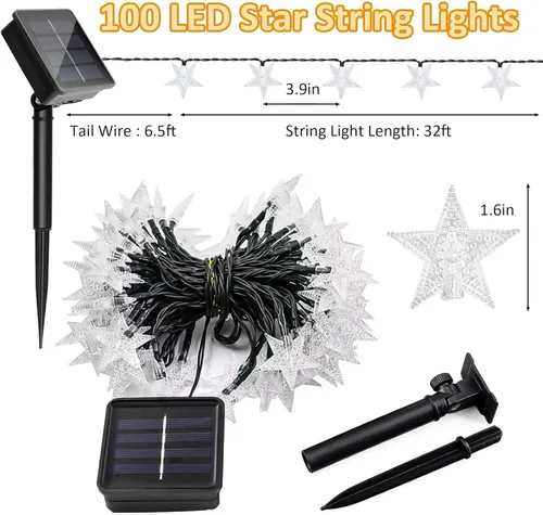 Vista 7 de Cadena de luces solares brillantes del 4 de julio para decoración al aire libre, luces de hadas impermeables de 39 pies, rojas, blancas y azules