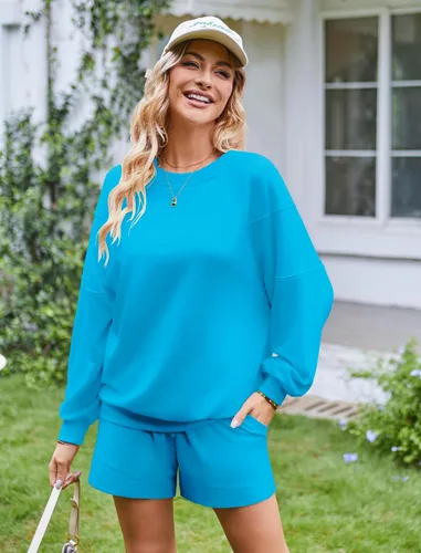 Vista 3 de Conjunto de 2 piezas para mujer, conjunto de sudadera de gran tamaño, pantalones cortos, sudadera casual con cuello redondo